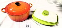 Both items side by side on white background: Le Creuset Dutch oven (left) and lime green Rangemate microwave cooker (right)
