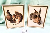 Photo showing the pair of framed prints, squirrel on the left, hare on the right, set against a fabric background.