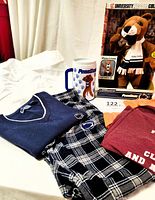 Full view of Penn State apparel including sweater vest, plaid pajama bottoms, maroon and orange t-shirts, insulated mug with paw prints and mascot logo, and boxed plush mascot toy.