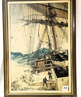 Frontal photo of the mounted Montague Dawson "The Rising Wind" lithograph showcasing ship, sea, and crew details.