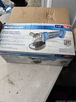 Box with Mastercraft branding, showing 4.5 inch cordless angle grinder 20V max with 3 year warranty
