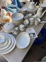 Overall view of Noritake Keegan dinnerware and serving pieces arranged on table