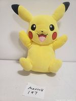 Front view of Pikachu plush showing facial details, ears, arms and legs.