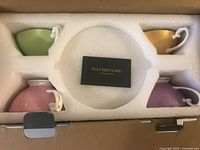 Set of 4 cups securely placed in foam insert inside original box, showing different colored exteriors: green, yellow, pink, lavender.