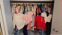 Wide view of closet rod filled with assorted baby and children's clothes on hangers