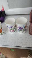 Two cups with floral and butterfly design shown side by side on countertop.