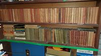 Two shelves filled with vintage books, showing a large variety of titles and bindings.