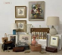Wide view of lot showing framed artworks including botanical and birds, lamps with shades, baskets, framed paintings, and decorative bowls and decoys