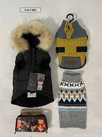 Top view of all four items displayed flat: black Pajar Pup parka with fur hood, yellow and gray Eddie Bauer vest, knit dog sweater, and dog boots in case.
