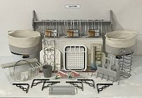 Photo showing all items on display including two cloth baskets, two metal buckets, large shelf with hooks, small shelf, multiple kitchen organizers, brackets, and other accessories.