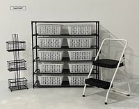 Photo of entire lot including black metal shelf with 10 white baskets, small black metal 3-basket rack, and white folding Cosco step stool