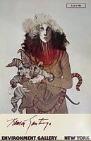 Poster image showing a woman holding two fantasy creatures with signature and gallery text at bottom.
