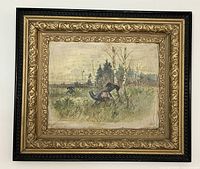 Full view of the antique framed print showing wild turkeys in a natural setting with decorative wood frame