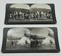 Pair of Keystone View Company stereoview cards showing Native Americans in traditional scenes with tipis and mountains