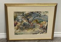 Full view of the framed watercolour painting depicting children, wagon, and rustic scene under a tree.