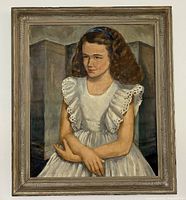 Full view of the framed oil on canvas portrait of a young girl in a white dress by Ken Saltmarche.