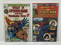 Two Marvel What If? comics side by side; left is issue #1 'What If Spider-Man Joined Fantastic Four?', right is issue #7 'What If Someone Else Besides Spider-Man Had Been Bitten by the Radioactive Spider?'. Both are bagged and boarded.