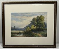 Full view of framed watercolor landscape painting showing mat and frame