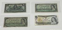 Four vintage Canadian one dollar banknotes laid out together, showing front faces. Identifiable designs include King George VI on 1937 note and Queen Elizabeth II on others.