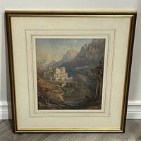 Full view of framed painting showing gilt wood frame and double mat