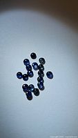 Top down photo showing 19 small natural blue sapphire cabochon gemstones scattered on white background.