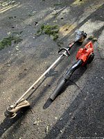 Echo gas string trimmer and leaf blower shown side by side on pavement with branches and leaves nearby.