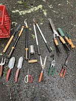 Photo of garden hand tools and snipping tools laid out on ground, showing shears, trowels, scissors and loppers.