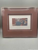 Framed colour etching artwork by Pierrette Lambert showing full framed piece with brown mat and glass front.