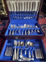 Full set of Birks Regency Plate York pattern flatware inside original mahogany case with blue felt lining