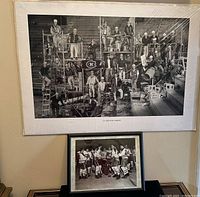 Wall-mounted vintage style black and white photographic print with multiple people including Montreal Canadiens hockey theme, and below it, framed Stanley Cup team photo.