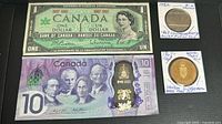 Canadian Centennial and Sesquicentennial currency and coins including $1 and $10 banknotes and two commemorative coins/tokens.