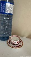 Miniature Coalport Indian Tree cup and saucer with water bottle for scale, showing cup filled with white to highlight interior and pattern around rim and handle.