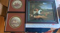 Three framed hunting prints by The Bombay Company: one large rectangular and two smaller round prints, displayed on a table showing full set.