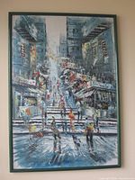 Full view of framed painting depicting street scene