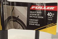 Photo showing Fuller brand and 40 lbs capacity of the screw-in bicycle hooks on the product packaging.