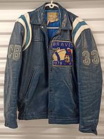Front view of blue leather jacket with white leather accents and Braves 1978 patch on chest