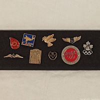 Photo of 9 assorted collectible pins including Coca-Cola Olympics and other designs arranged on black background.