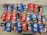 Full lot array of 25 mini boxing gloves arranged in five rows showing USA, Spain, Chelsea, and Rangers themed designs