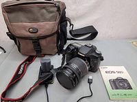 Front view showing camera body, lens mounted, battery charger, battery, strap, manual, and Lowepro bag