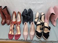 All six pairs of ladies shoes displayed in a row including brown faux crocodile ankle boots, rust-colored pumps, black fabric slippers, black velvet sandals, nude/beige heels, and pink ankle boots on a white backdrop
