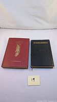 Two antique books on a light surface, red cloth cover and black leather cover visible