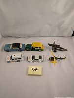 Overview of all six diecast toy vehicles showing variety and scale