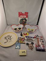 Overview of all vintage Mickey Mouse Disney collectibles including bowls, plate, magnets, Pez dispenser, and other items