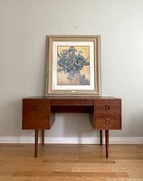 Front view of the custom framed print placed on a wooden desk against a plain wall.