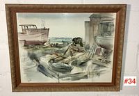 Full view of framed watercolor painting on wall