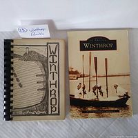 Photo of two Winthrop history books side by side: spiral-bound Greene book with hand-drawn cover and Images of America hardcover book with photo cover