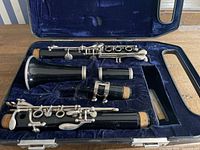 Open case showing all clarinet sections nested in blue velvet interior