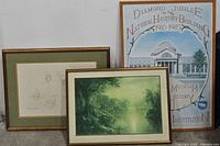 Three framed art pieces including a botanical sketch, green forest art, and Smithsonian Diamond Jubilee poster, arranged leaning against a wall.