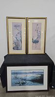 Pair of framed Asian bird art pieces vertically oriented on a black cloth with framed swan print below
