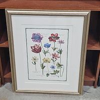 Framed botanical print showing multiple flowers in various colors with handwritten labels within a cream mat and gold-tone frame.